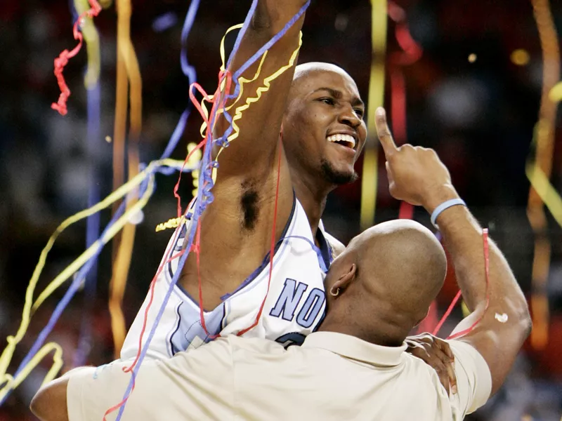 Jawad Williams celebrates after Tar Heels beat Illinois