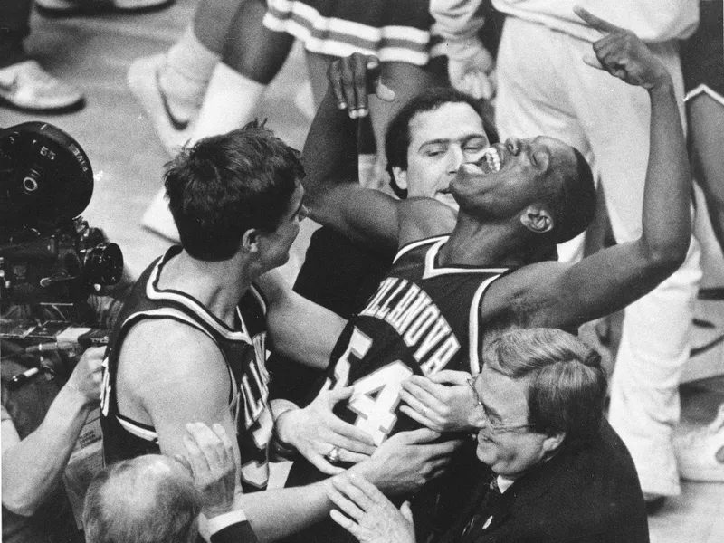 Villanova's Ed Pinckney celebrates a March Madness upset victory