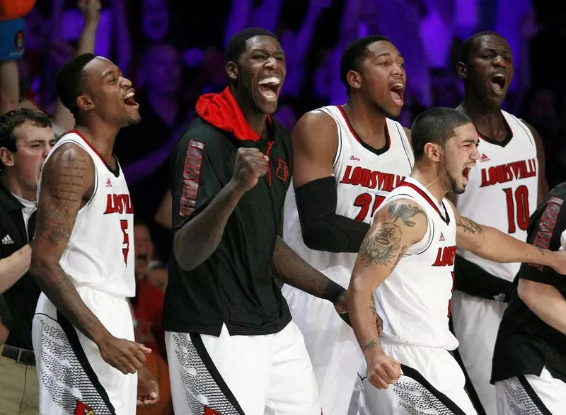 Louisville players Kevin Ware, Montrezl Harrell, Peyton Siva, Zach Price, Gorgui Dieng