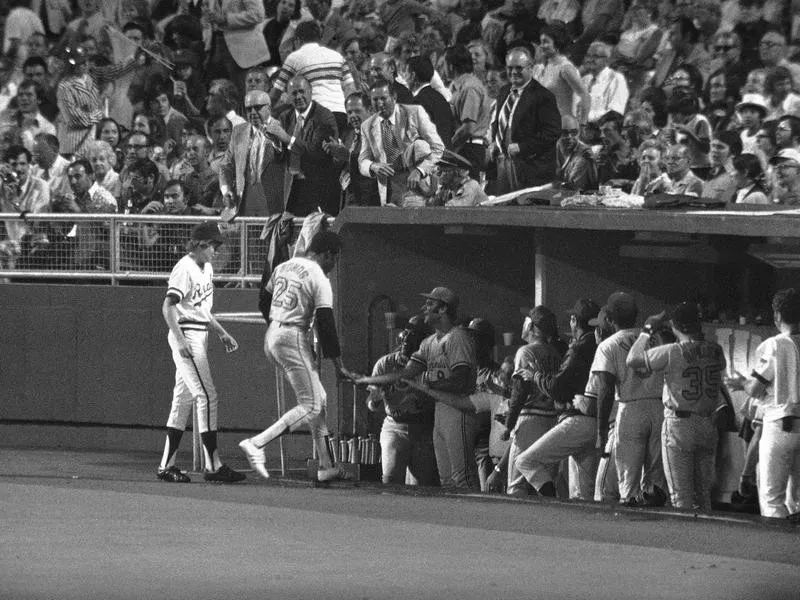 Bobby Bonds greeted by teammates