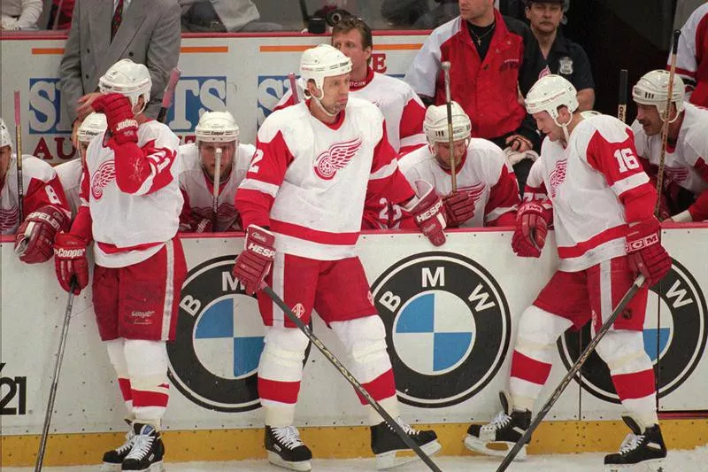 Detroit Red Wings winger Bob Errey and defensemen Viacheslav Fetisov and Vladimir Konstantinov