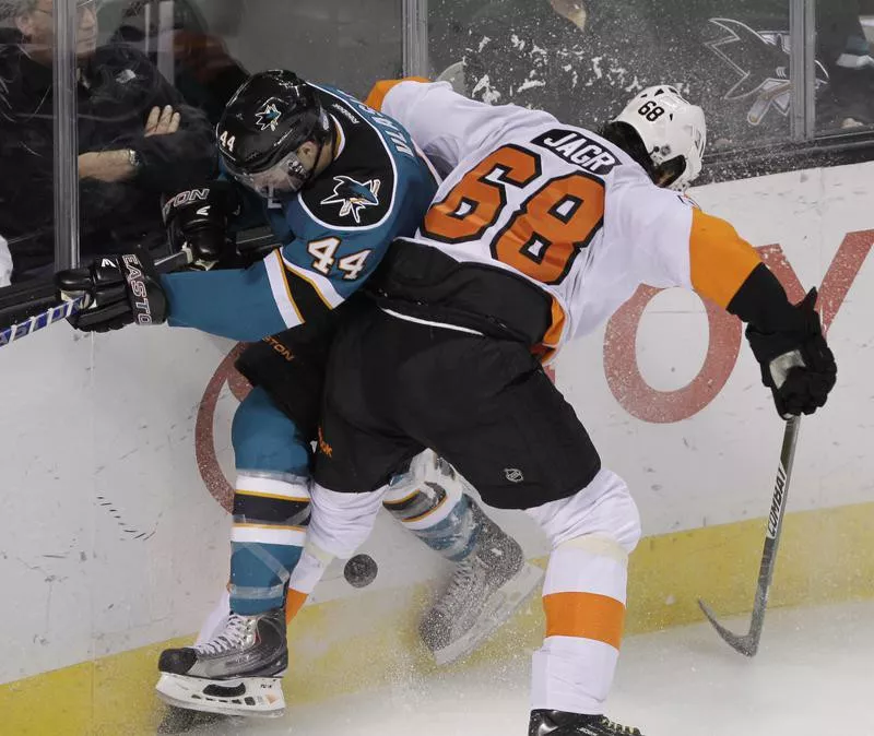 San Jose Sharks defenseman Marc-Edouard Vlasic and Philadelphia Flyers right wing Jaromir Jagr