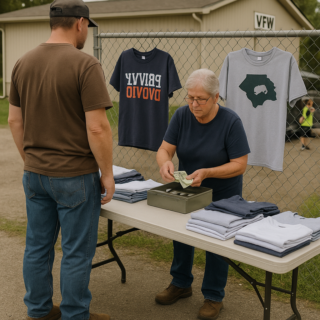 The pop-up print table outside the VFW