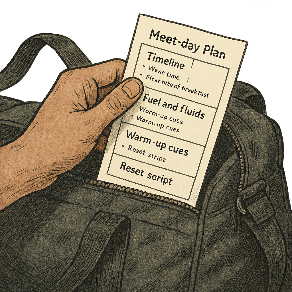 A one-page meet-day plan that fits in a gym bag