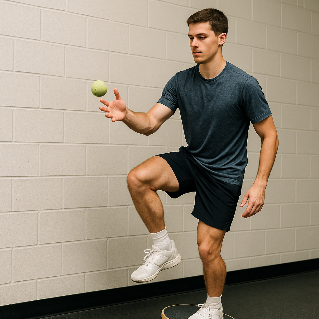 Wobble board single-leg catches for ankles that don't fold in tryouts