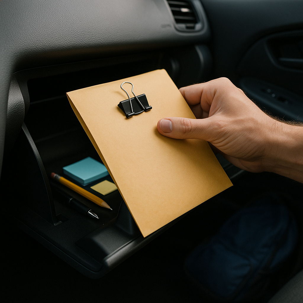 The binder clip packet that lives in the glove box