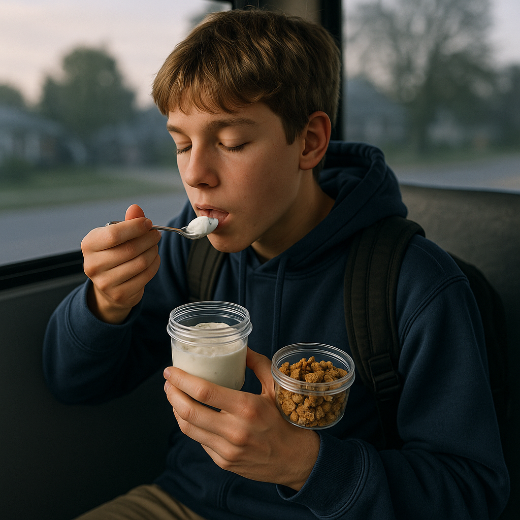 Greek yogurt + cereal mix-in cup for kids who can't chew at 5:30