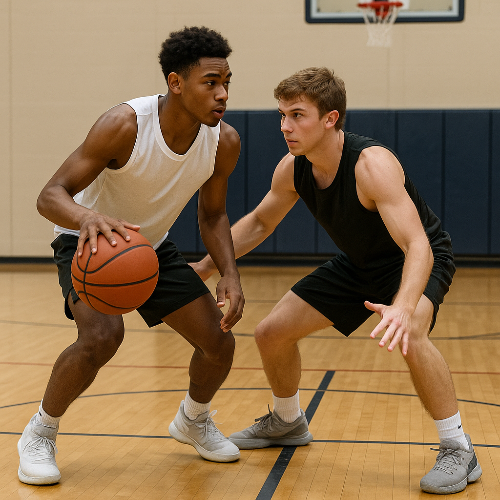 Two-dribble scramble to a dead stop (no reach allowed)